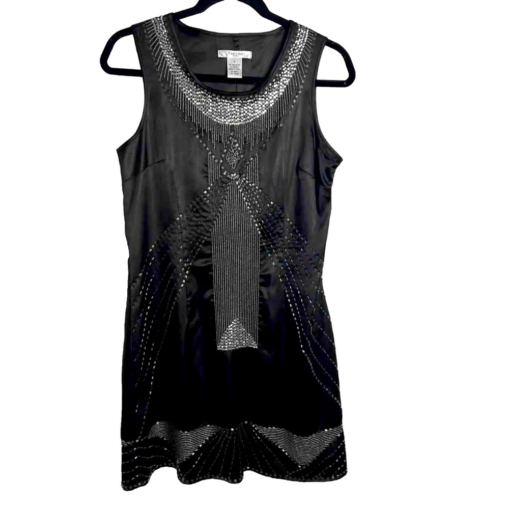 Vertigo Paris Small Black Beaded Sleeveless Shift Dress Lined Knee Length